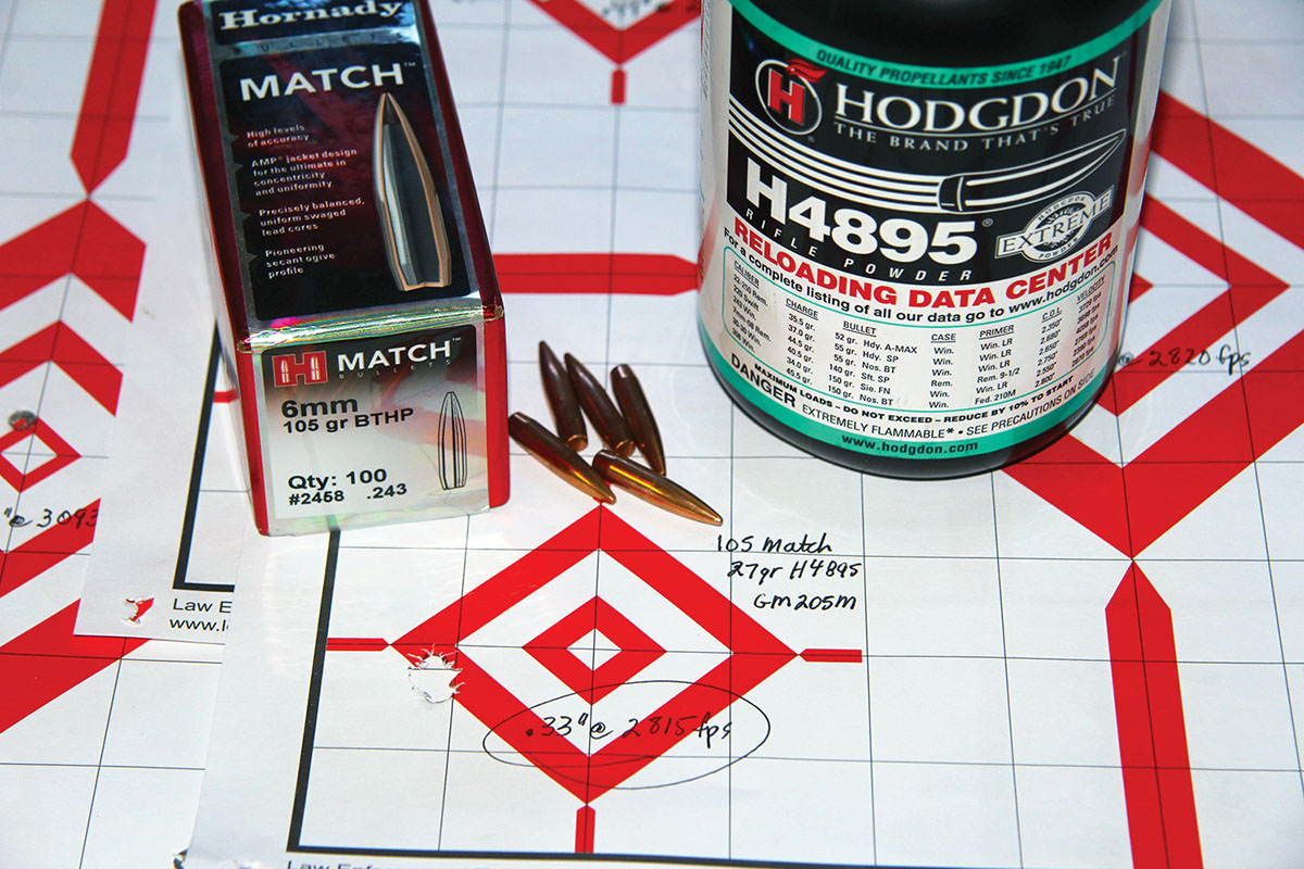 The smallest group of the test – .33-inch at 2,815 fps – was produced by Hornady’s 105-grain BTHP Match bullet and 27 grains of Hodgdon 4895 powder. Federal Premium’s Gold Metal No. 205 Match edged out the other match primers out by a slim margin.